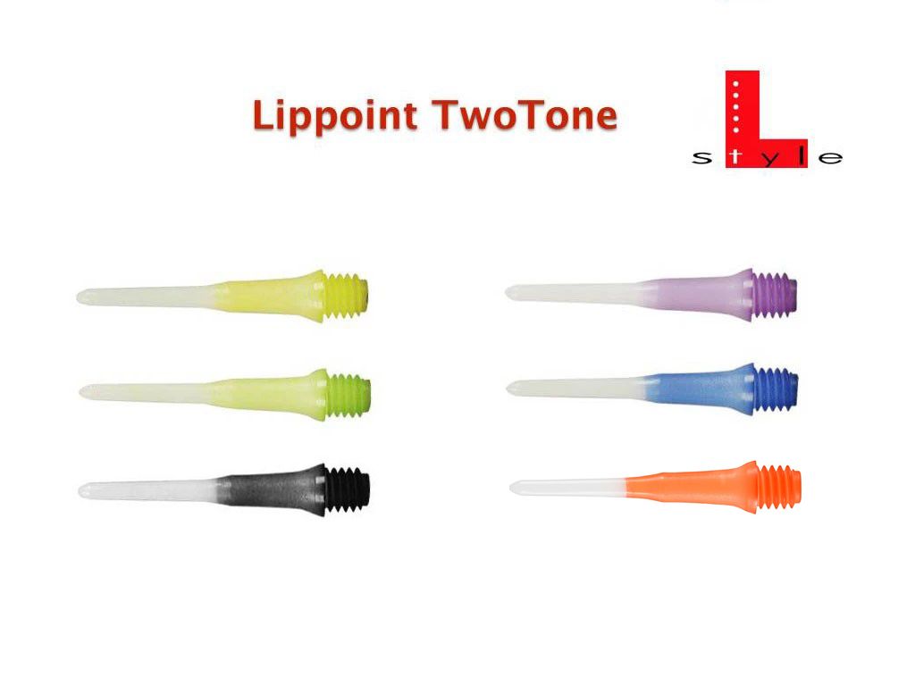 Das Bild zeigt verschiedene Lippoint Two Tone Spitzen in unterschiedlichen Farben. Oben steht der Produktname „Lippoint TwoTone“ und das Logo der Marke ist ebenfalls sichtbar.